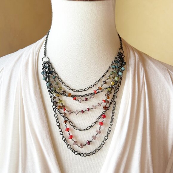 Fossil Multi-Strand Bib Style Multi-Color Beaded Crystal Necklace - Picture 3 of 6